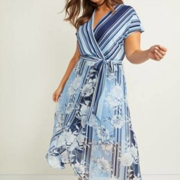 LANE BRYANT BLUE striped, floral faux wrap MAXI DRESS plus SIZE‎ 26 - Picture 1 of 11